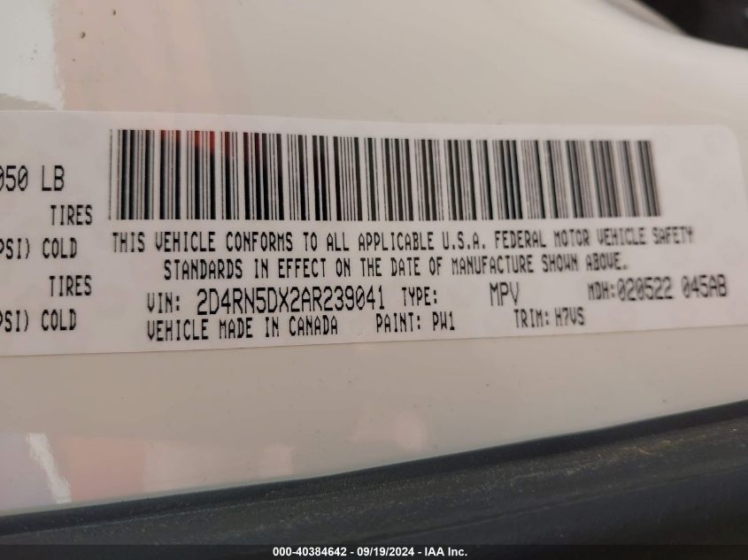 2010 Dodge Grand Caravan Sxt VIN: 2D4RN5DX2AR239041 Lot: 40384642