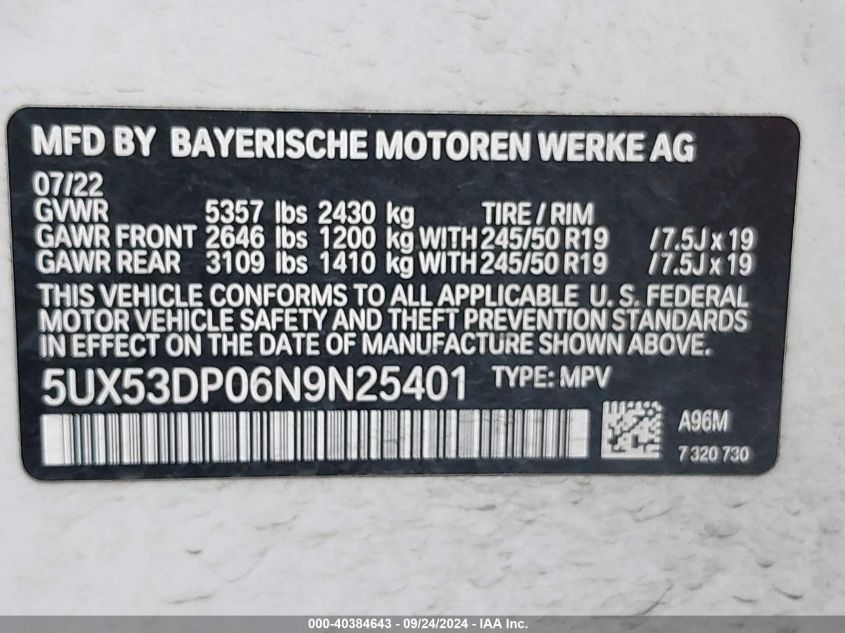 2022 BMW X3 xDrive30I VIN: 5UX53DP06N9N25401 Lot: 40384643