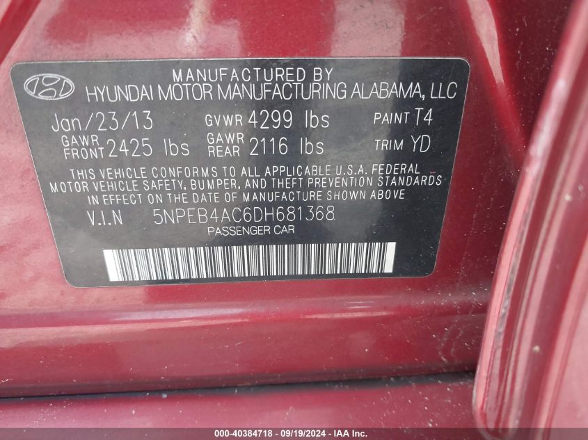 5NPEB4AC6DH681368 2013 Hyundai Sonata Gls