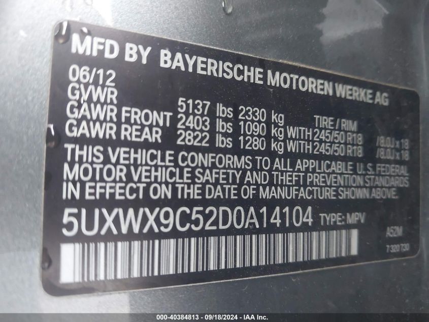 2013 BMW X3 xDrive28I VIN: 5UXWX9C52D0A14104 Lot: 40384813