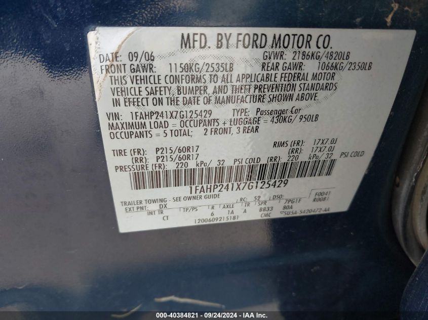 1FAHP241X7G125429 2007 Ford Five Hundred Sel