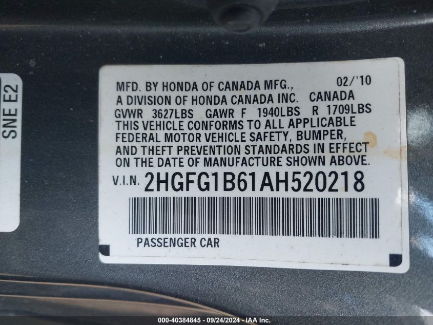 2HGFG1B61AH520218 2010 Honda Civic Lx