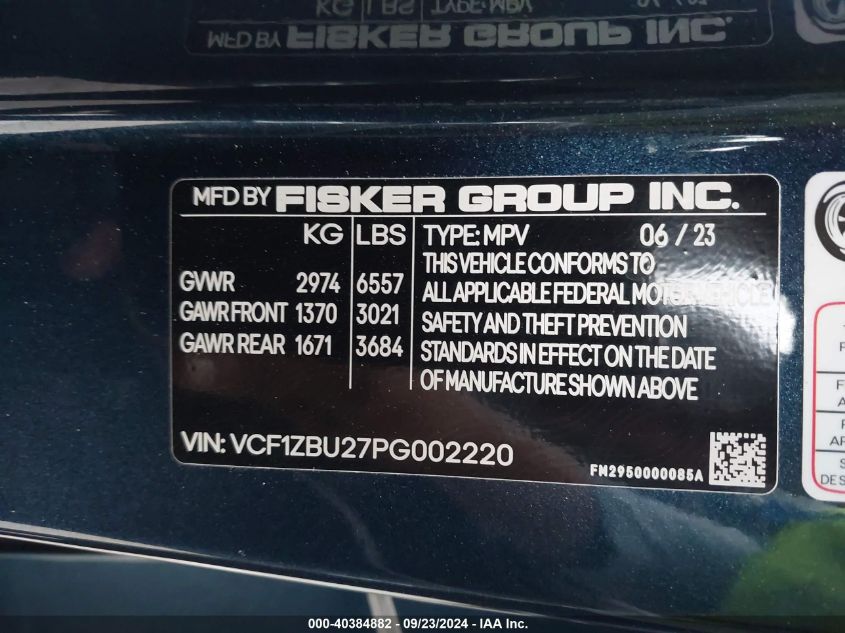 2023 FISKER OCEAN VIN: VCF1ZBU27PG002220