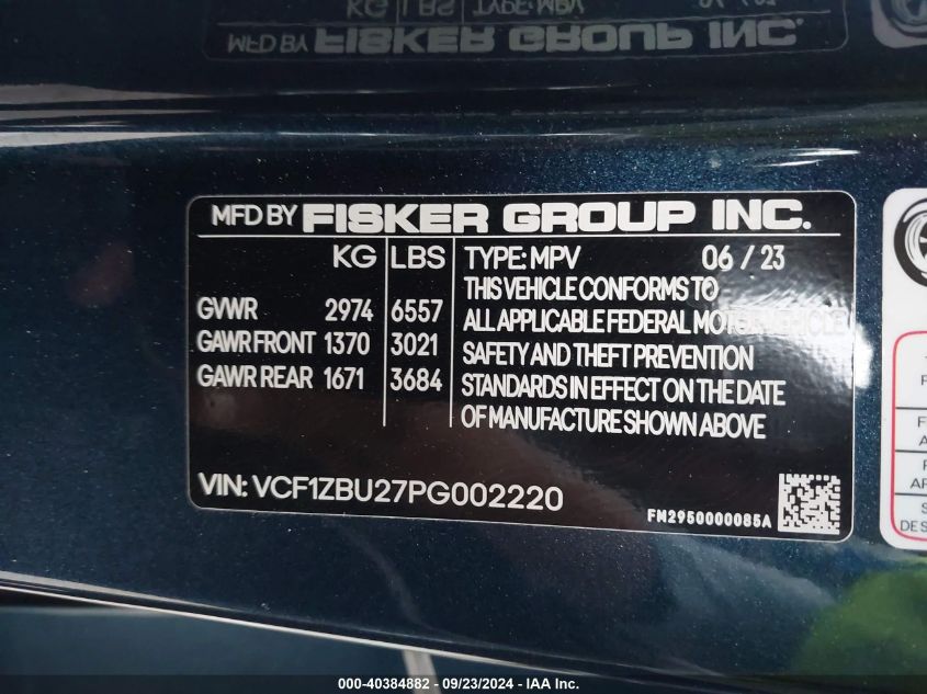 VCF1ZBU27PG002220 2023 Fisker Ocean Ocean One