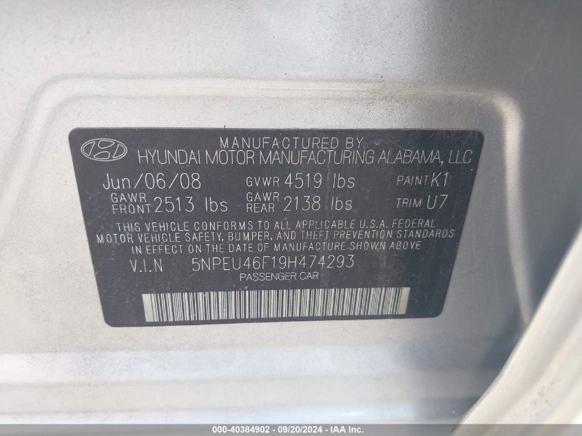 5NPEU46F19H474293 2009 Hyundai Sonata Limited V6