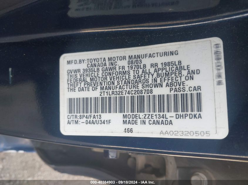 2T1LR32E74C208708 2004 Toyota Matrix Standard