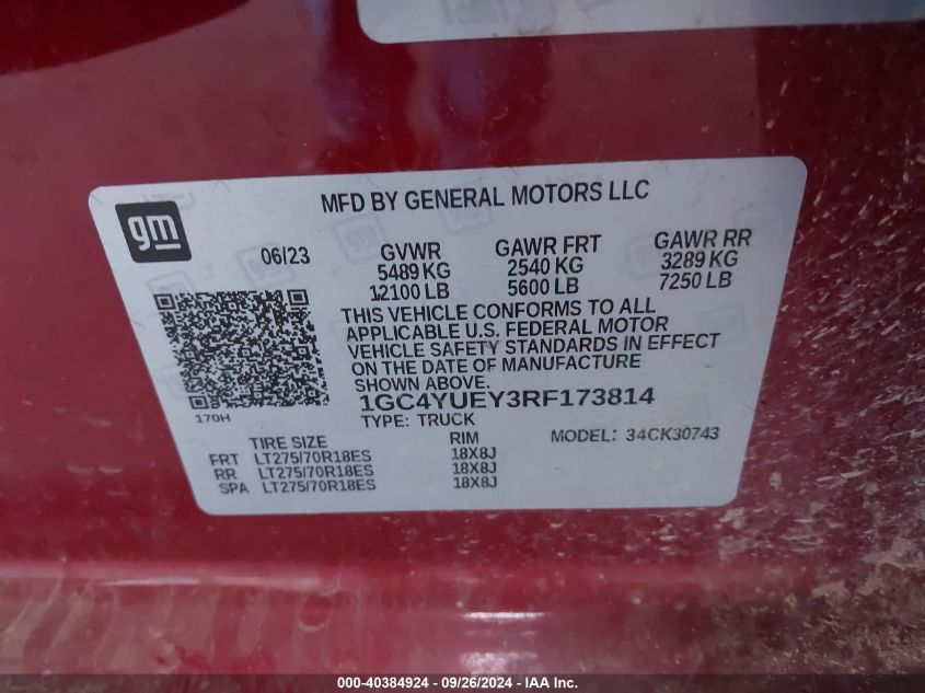 2024 Chevrolet Silverado 3500Hd K3500 Ltz VIN: 1GC4YUEY3RF173814 Lot: 40384924