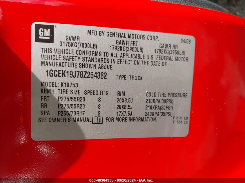 1GCEK19J78Z254362 2008 Chevrolet Silverado 1500 Lt1