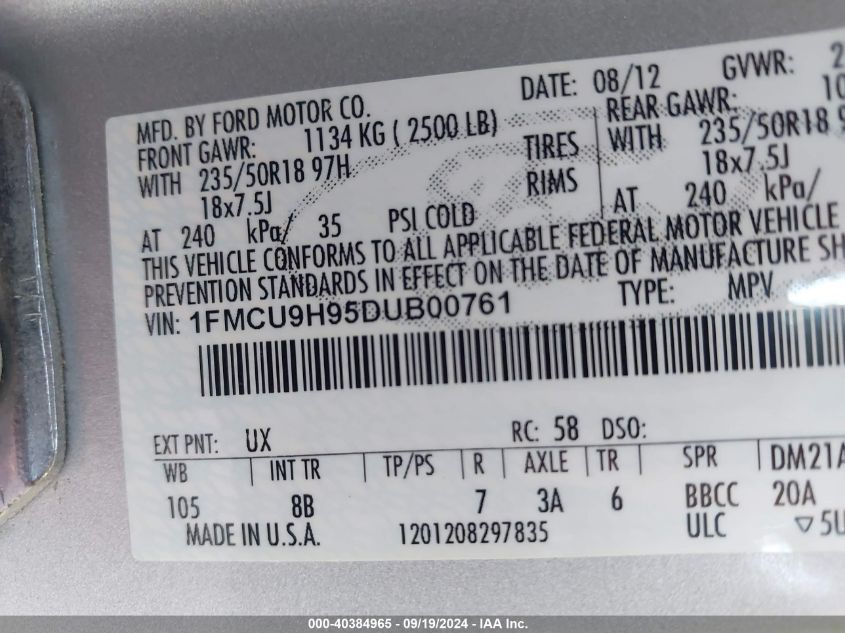 1FMCU9H95DUB00761 2013 Ford Escape Sel