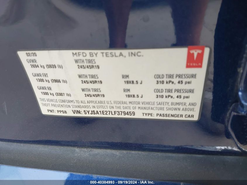 2020 Tesla Model S Long Range Dual Motor All-Wheel Drive/Long Range Plus Dual Motor All-Wheel Drive VIN: 5YJSA1E27LF379459 Lot: 40384993