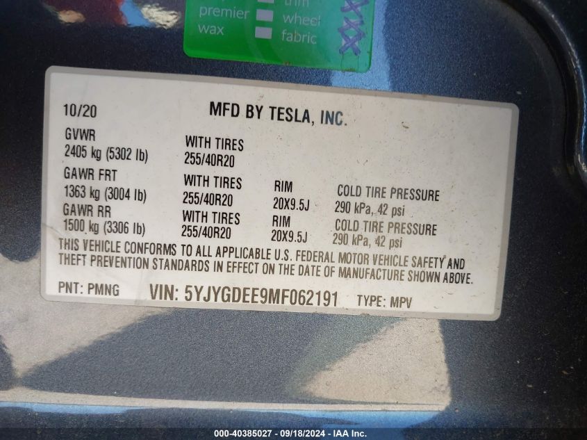 2021 Tesla Model Y Long Range Dual Motor All-Wheel Drive VIN: 5YJYGDEE9MF062191 Lot: 40385027