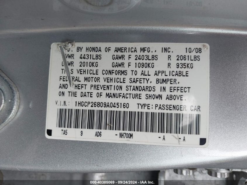 1HGCP26809A045160 2009 Honda Accord Exl