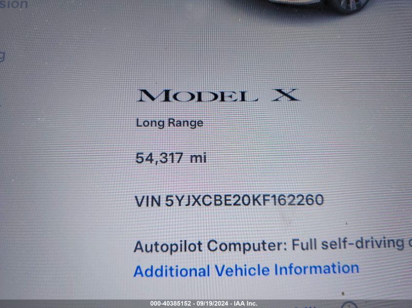 2019 Tesla Model X 100D/75D/Long Range VIN: 5YJXCBE20KF162260 Lot: 40385152