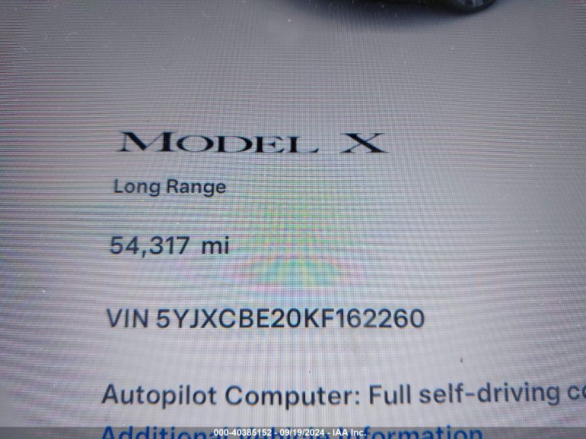 2019 Tesla Model X 100D/75D/Long Range VIN: 5YJXCBE20KF162260 Lot: 40385152