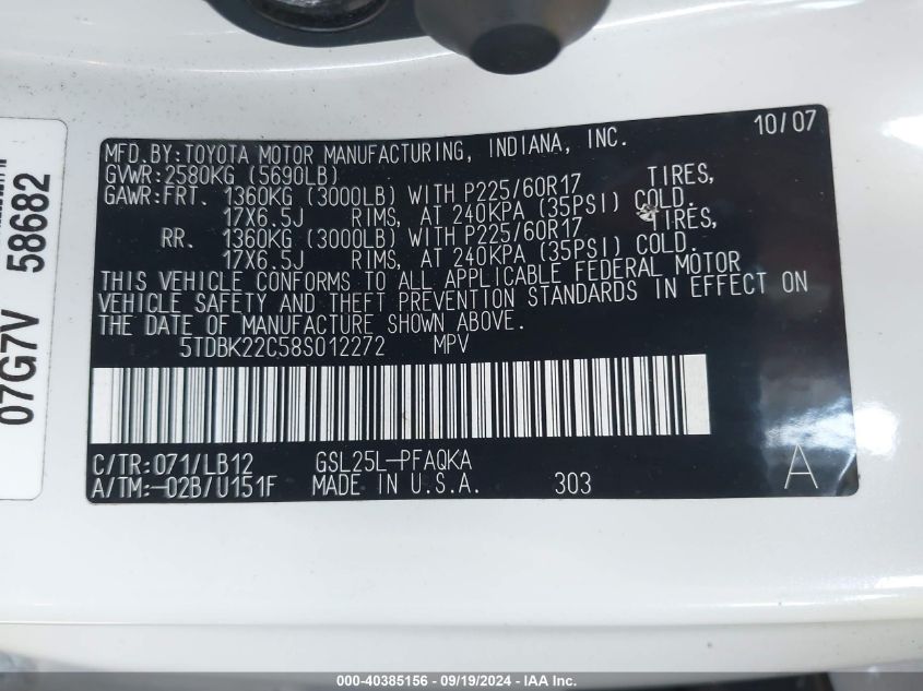 5TDBK22C58S012272 2008 Toyota Sienna Limited