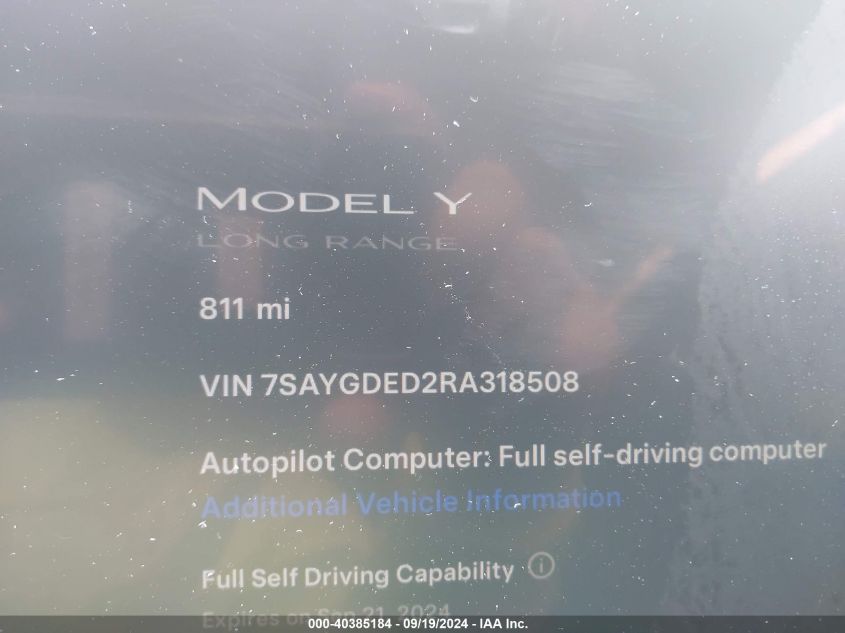 2024 Tesla Model Y Long Range Dual Motor All-Wheel Drive/Rwd VIN: 7SAYGDED2RA318508 Lot: 40385184