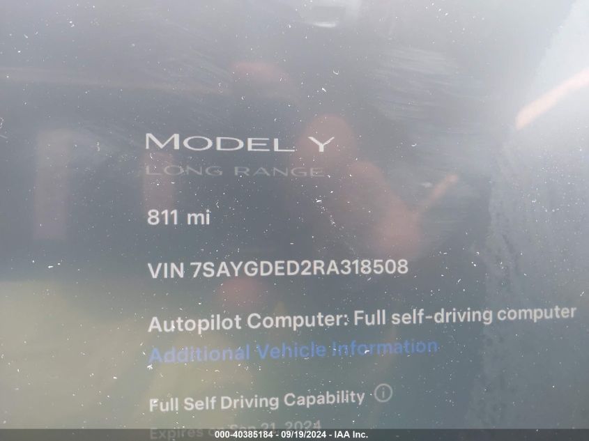 2024 Tesla Model Y Long Range Dual Motor All-Wheel Drive/Rwd VIN: 7SAYGDED2RA318508 Lot: 40385184