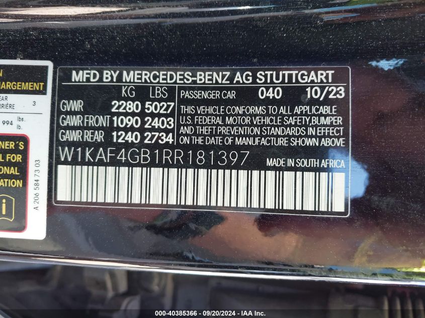 2024 Mercedes-Benz C 300 VIN: W1KAF4GB1RR181397 Lot: 40385366