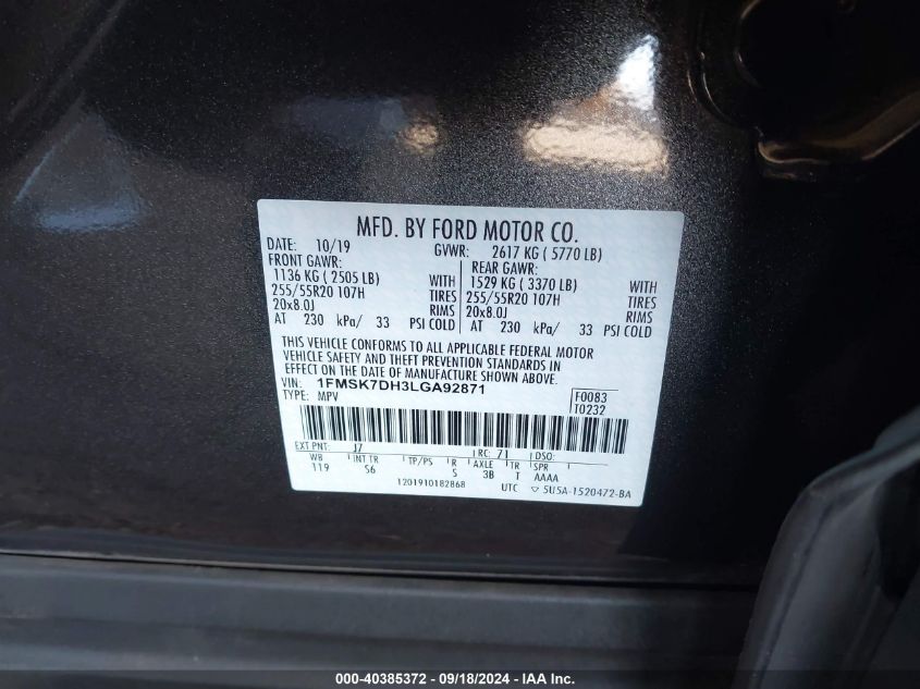 1FMSK7DH3LGA92871 2020 Ford Explorer Xlt