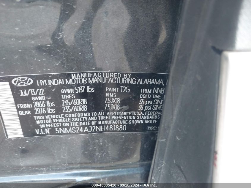 2022 Hyundai Santa Fe Sel VIN: 5NMS24AJ2NH481880 Lot: 40385428