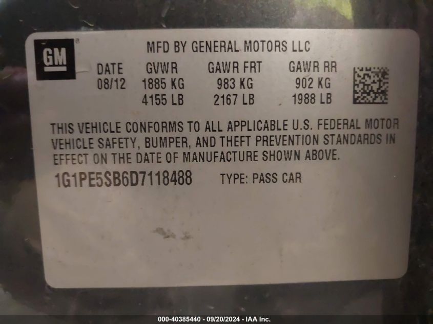 1G1PE5SB6D7118488 2013 Chevrolet Cruze 2Lt Auto