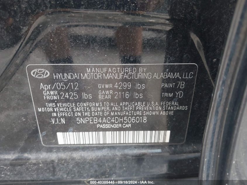 5NPEB4AC4DH506018 2013 Hyundai Sonata Gls