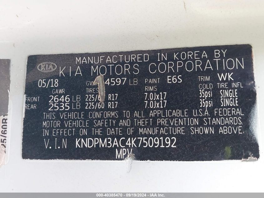 KNDPM3AC4K7509192 2019 Kia Sportage Lx