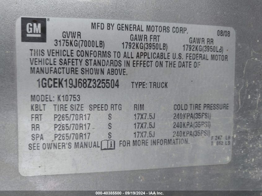 1GCEK19J68Z325504 2008 Chevrolet Silverado 1500 Lt1