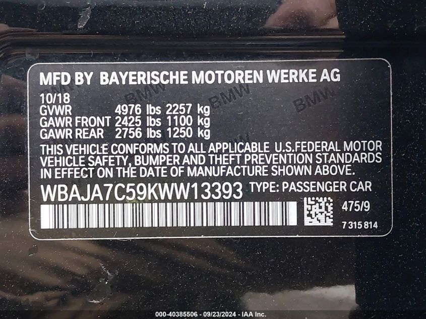 WBAJA7C59KWW13393 2019 BMW 530I xDrive