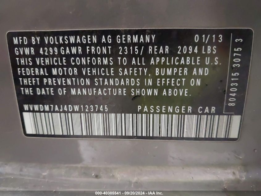 WVWDM7AJ4DW123745 2013 Volkswagen Golf 2.0L Tdi 4-Door