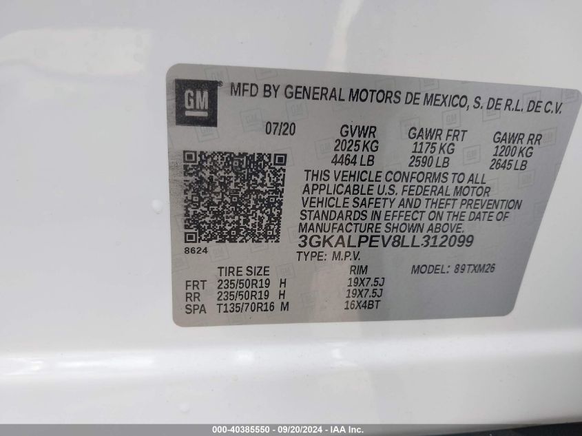 2020 GMC Terrain Fwd Slt VIN: 3GKALPEV8LL312099 Lot: 40385550