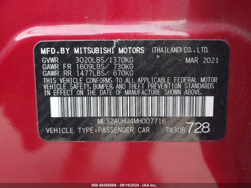 2021 Mitsubishi Mirage Carbonite Edition/Es/Le VIN: ML32AUHJ4MH007716 Lot: 40385569