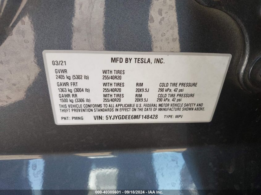 2021 Tesla Model Y Long Range Dual Motor All-Wheel Drive VIN: 5YJYGDEE6MF148428 Lot: 40385601