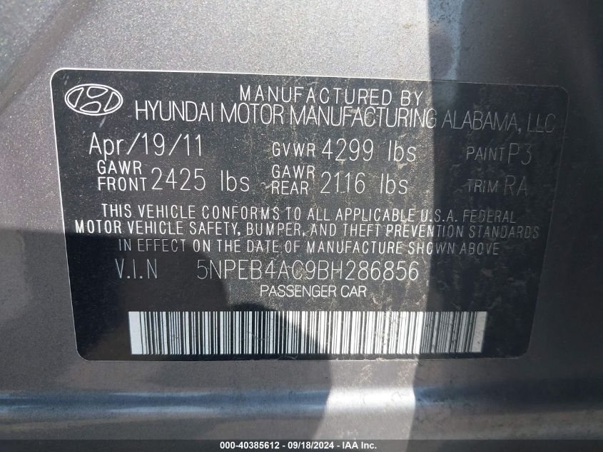 5NPEB4AC9BH286856 2011 Hyundai Sonata Gls