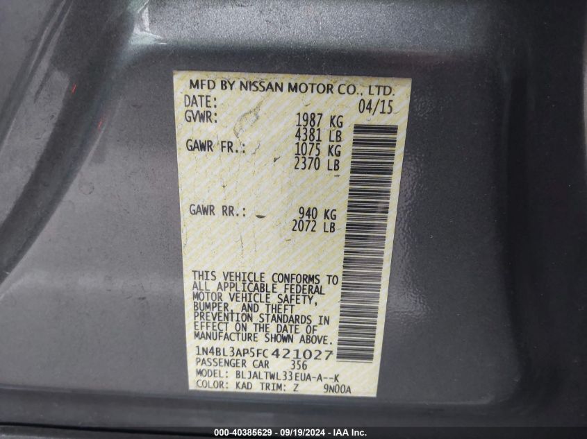 1N4BL3AP5FC421027 2015 Nissan Altima 3.5 Sl