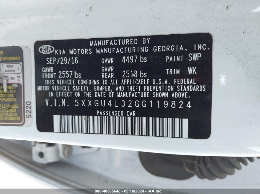 2016 Kia Optima Ex VIN: 5XXGU4L32GG119824 Lot: 40385648