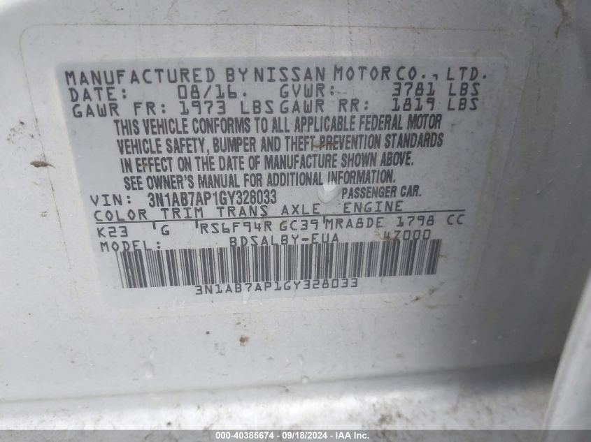 3N1AB7AP1GY328033 2016 Nissan Sentra S/Sv/Sr/Sl