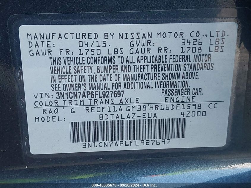 3N1CN7AP6FL927697 2015 Nissan Versa 1.6 S+