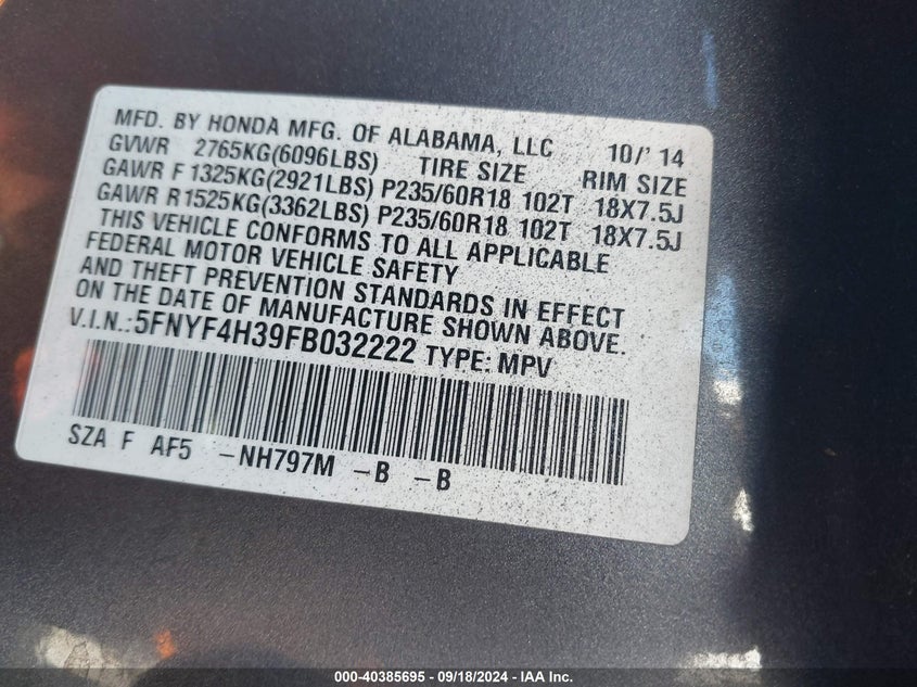 2015 HONDA PILOT SE - 5FNYF4H39FB032222