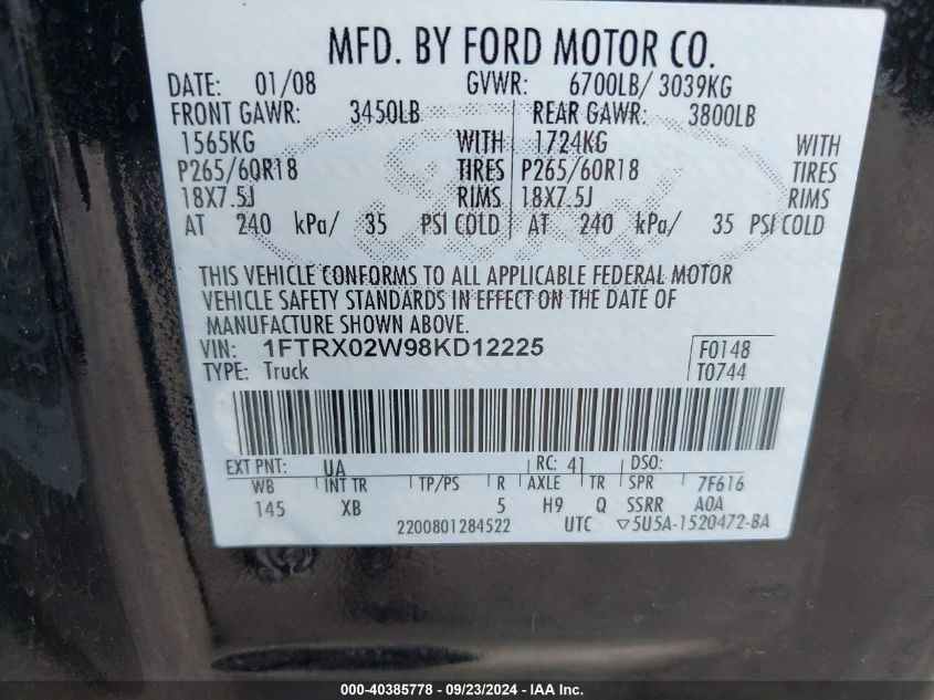 2008 Ford F-150 Fx2/Stx/Xlt VIN: 1FTRX02W98KD12225 Lot: 40385778