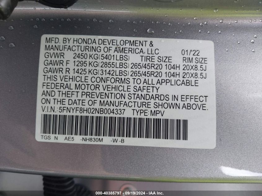 2022 Honda Passport Awd Elite VIN: 5FNYF8H02NB004337 Lot: 40385797