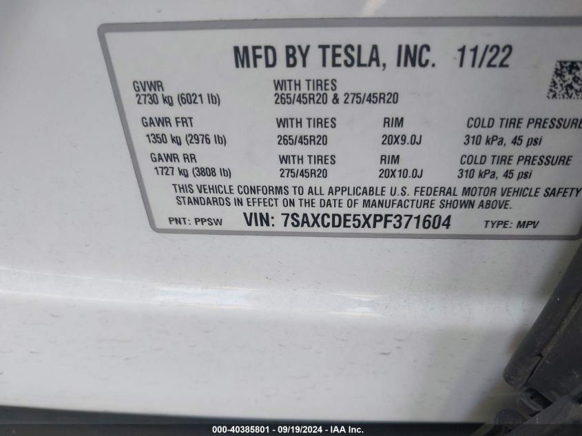 2023 Tesla Model X Dual Motor All-Wheel Drive/Standard Range VIN: 7SAXCDE5XPF371604 Lot: 40385801