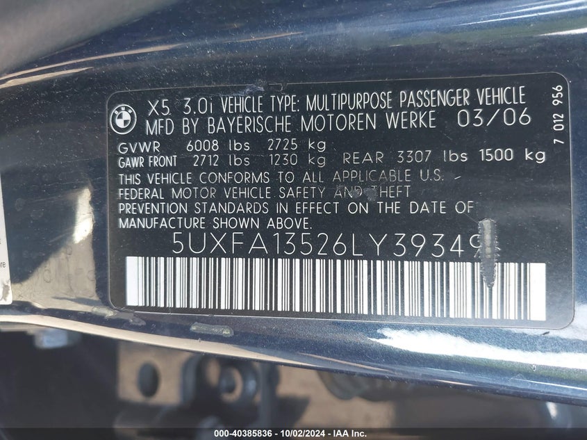 5UXFA13526LY39349 2006 BMW X5 3.0I