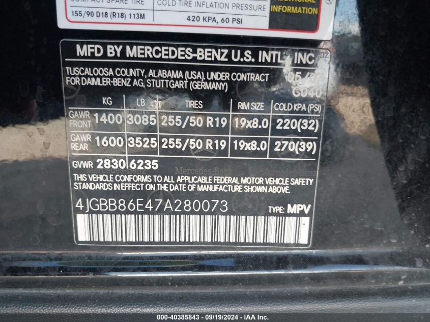 4JGBB86E47A280073 2007 Mercedes-Benz Ml 350 4Matic