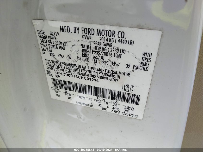 1FMCU0D76CKC01284 2012 Ford Escape Xlt