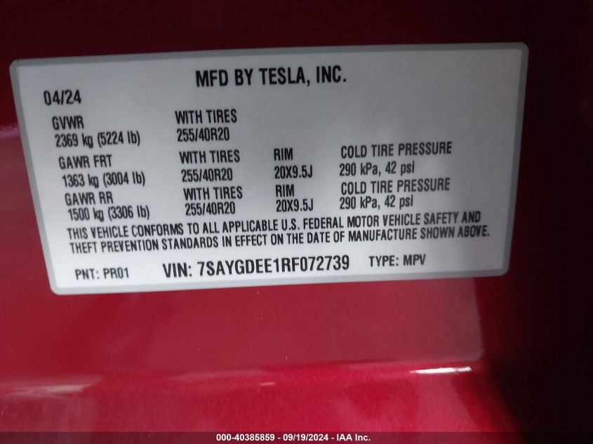 2024 Tesla Model Y Long Range Dual Motor All-Wheel Drive VIN: 7SAYGDEE1RF072739 Lot: 40385859