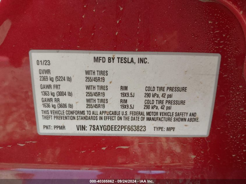 2023 Tesla Model Y VIN: 7SAYGDEE2PF663823 Lot: 40385862