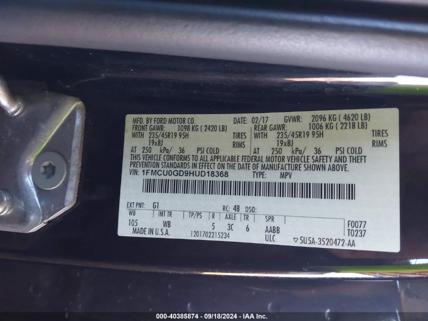 1FMCU0GD9HUD18368 2017 Ford Escape Se