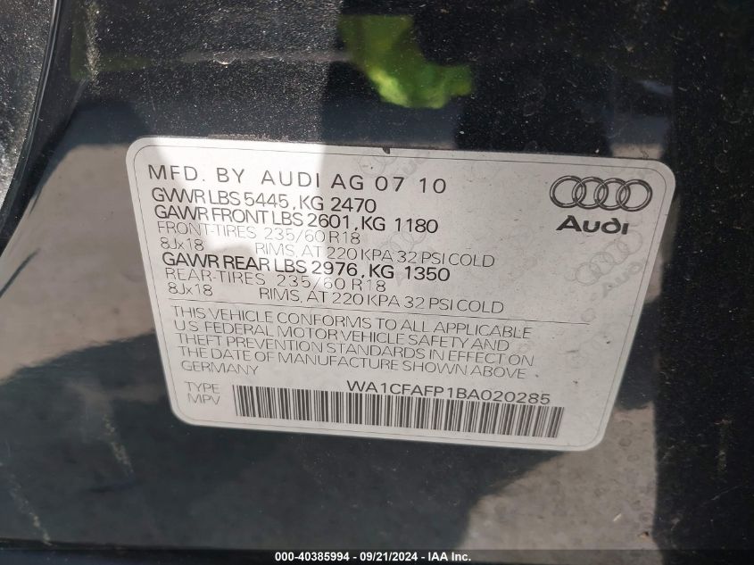 WA1CFAFP1BA020285 2011 Audi Q5 2.0T Premium