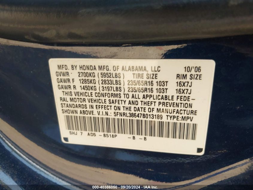 2007 Honda Odyssey Ex-L VIN: 5FNRL38647B013189 Lot: 40386050